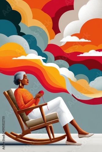 Mature woman knitting in a rocking chair surrounded by colorful abstract clouds and calm atmosphere