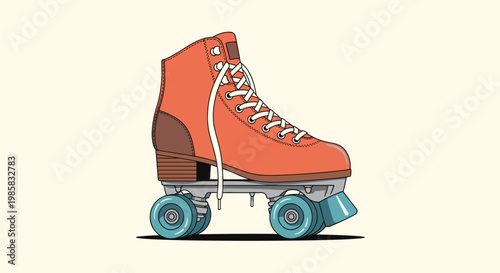 Classic retro style quad roller skate in a vibrant orange color with blue wheels is isolated on a cream background.