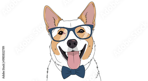 Happy Pembroke Welsh Corgi dog wearing blue frame glasses and a matching bow tie smiles broadly in a pet portrait.