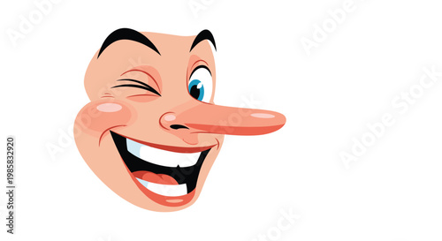 Funny cartoon character face winking and laughing with a very long nose in a playful and expressive illustration.