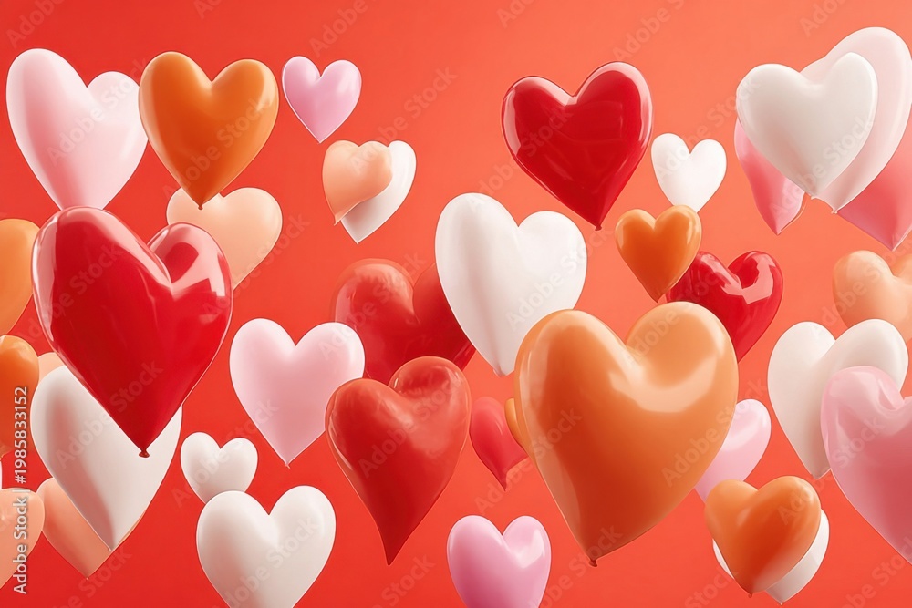Fototapeta premium Red and pink heart balloons floating on a warm red background for love and celebration