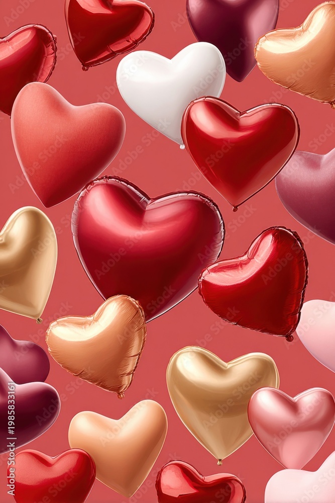 Fototapeta premium Heart-shaped balloons floating over red background for Valentine's Day celebration and romantic decor