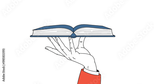 Open book balanced on an open hand with a red sleeve against a white background symbolizes education and learning.