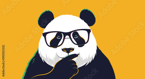 Cool panda bear wearing stylish black frame glasses rests its chin on its hand against a bright yellow background.