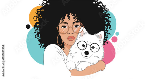 Beautiful woman with a large black afro holds a white dog while both wear matching round glasses in a modern style.