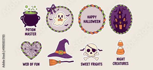 halloween spooky stickers with cute ghost, witch hat and skull icons, purple and orange festive elements, hand drawn doodle style, sweet frights celebration set, flat vector seasonal clip art, decorat