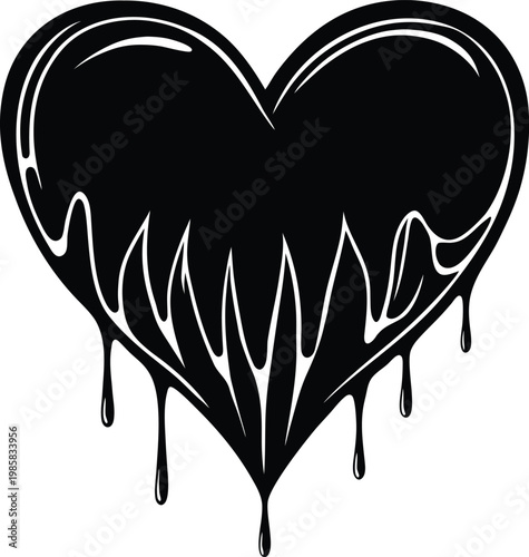 A striking black heart with dripping paint effect symbolizing intense emotion or passion Vector, illustration