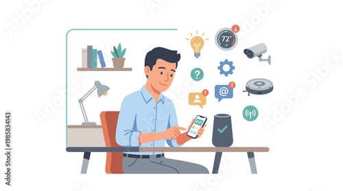 focused man at desk using smartphone calmly.