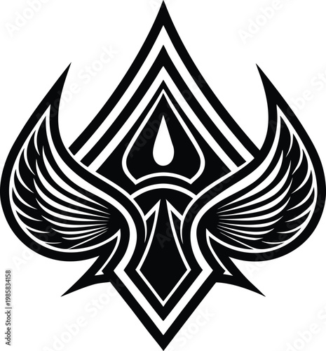 Mysterious black and white emblematic design featuring wings and teardrop shapes Vector, illustration