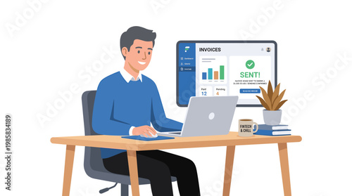 Focused businessman using a laptop at desk.