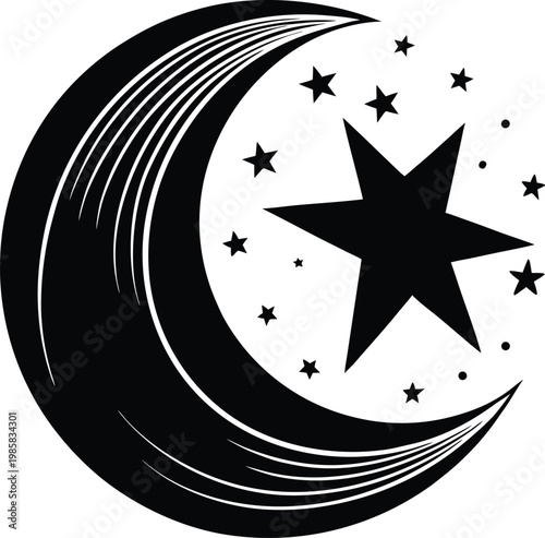 Elegant crescent moon with stars and a prominent starburst design in minimalist black and white illustration Vector, illustration