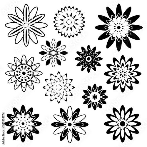 Set of geometric flowers isolated on white background, stylized flowers, vector design