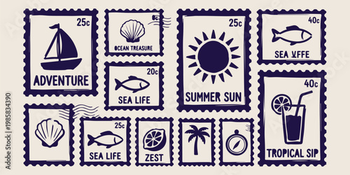 Cuadro en lienzo Marine life ocean stamps, sea shell fish pattern, underwater animal postage art,