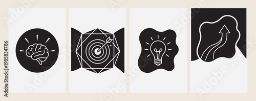 Target bullseye goal achievement icon, light bulb creative idea, business strategy success symbol, thin line brainstorming art, innovation vision vector set, marketing objective badge, leadership and 