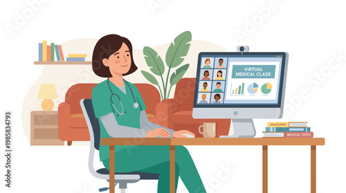 Woman at desk working on desktop computer in office.