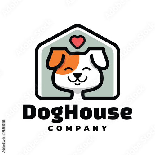 Cute Dog House Logo Design with Happy Puppy Head, Heart Icon, and Home Outline for Pet Care or Animal Shelter Brand Identity