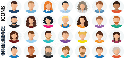 Vector illustration of a set of cartoon women faces and business person icons with a colorful collection of female shoes and professional user avatars