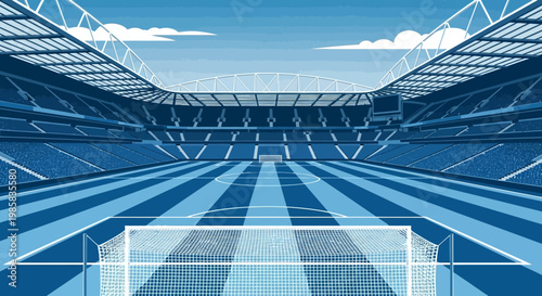 Blue tinted empty stadium viewed from the goal line with symmetrical rows and bright sky.