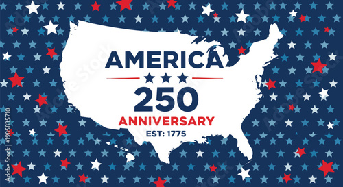 Patriotic design with USA map outline, stars and text America 250 Anniversary on a vibrant blue background, suitable for history commemorations, patriotic celebrations, and promotional material.