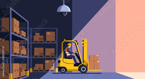 Industrial warehouse scene with yellow forklift moving palletized goods among tall shelves and crates.