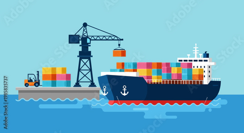 Busy seaport scene with cargo ship and loading crane at waterfront.