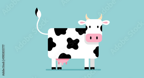 Playful cartoon cow illustration with black and white spots on a light blue background.