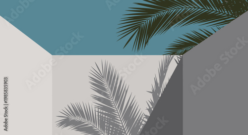 Contemporary courtyard corner framed by palm leaves and stark white walls against a blue sky.