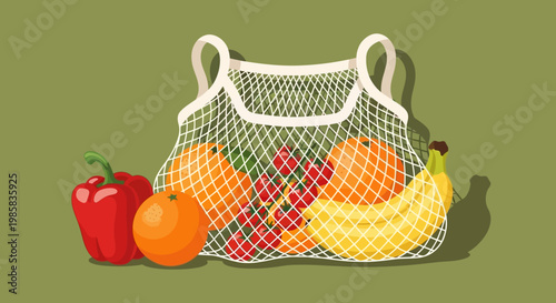 Colorful reusable tote bag filled with assorted fresh fruit groceries.