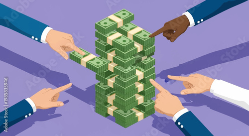 Collaborative Cash Flow and Money Stacks Illustration Reflecting Teamwork in Business.