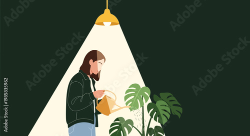 Young woman with backpack admiring indoor plants under a spotlight in a studio scene.