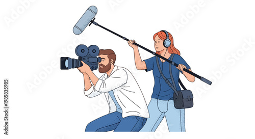 Two journalists operate camera and boom microphone to capture a scene.