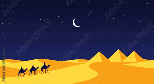 Desert Night Scene with Camel Caravan, Pyramids and Dunes under Starry Sky at Night.
