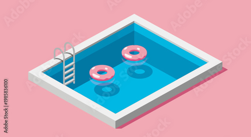 Relaxing Backyard Pool Scene with Ladders, Floats and Blue Water on a Sunny Day.