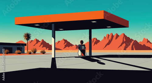 Desert Gas Station at Distant Mountains Under Bright Sky.