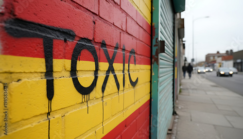 Bright graffiti displays word toxic on yellow and red brick wall. Urban street scene background with buildings and cars passing by. Message on painted surface.  Urban Graffiti Art