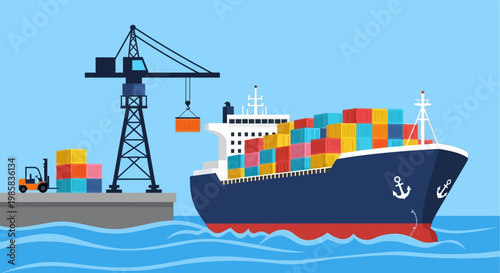 Busy container port scene with cargo ship, cranes, and stacked colorful containers near the waterfront under a blue sky.