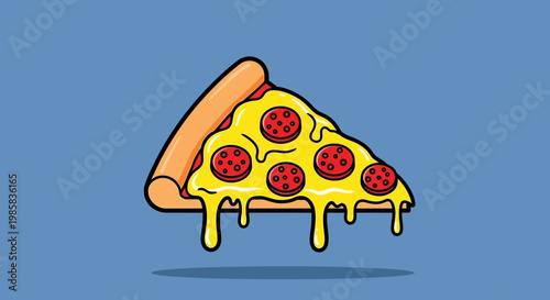 Delicious slice of pepperoni pizza with melted cheese and golden crust on a blue background.