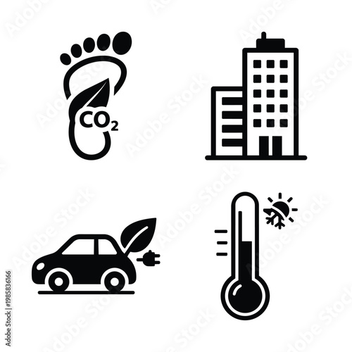 Sustainability and green energy icon set with carbon footprint, sustainability and green energy symbols for green building, electric car and energy efficiency in black and white vector