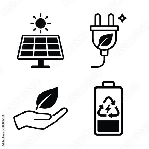 Sustainability and green energy icon set with solar panel, sustainability and green energy symbols for eco plug, hand leaf and battery recycling in black and white vector