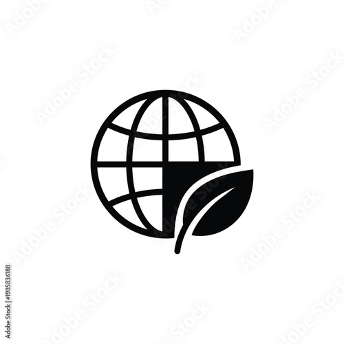 Globe leaf icon for sustainability and green energy, globe leaf eco planet symbol in black and white vector
