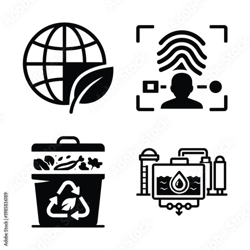 Sustainability and green energy icon set with eco globe, sustainability and green energy symbols for biometric scan, compost bin and water treatment plant in black and white vector