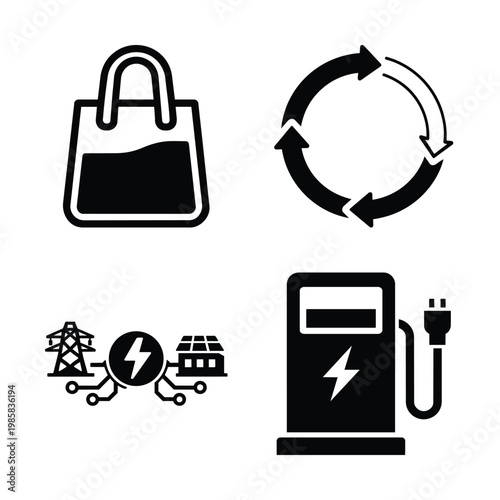 Sustainability and green energy icon set with reusable bag, sustainability and green energy symbols for recycling arrows, smart grid and electric vehicle charging in black and white vector