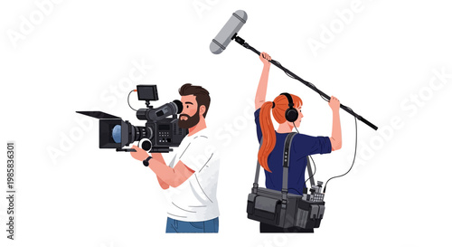 Two media professionals filming with camera and boom microphone on set.