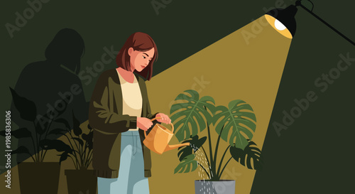 Gardener tending houseplants indoors under focused spotlight and calm atmosphere.