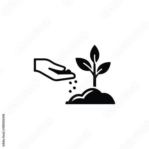 Planting tree icon for sustainability and green energy, planting tree eco growth symbol in black and white vector