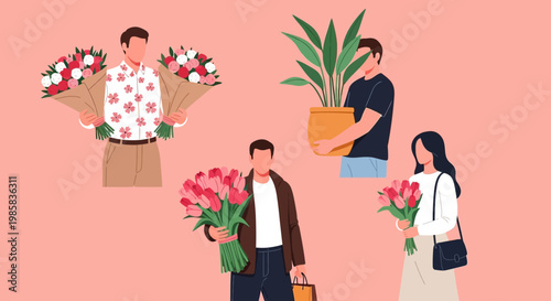 Group of Friends in a Bright Scene with Flowers, Bouquets, and Plants.