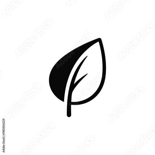 Leaf icon for sustainability and green energy, leaf eco nature symbol in black and white vector
