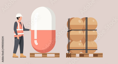 Industrial scene of pharmaceutical delivery featuring a large pill and stacked boxes on pallets.