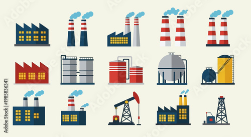 Industrial factory icons set featuring smokestacks, chimneys, domed buildings and storage facilities.