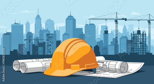 Construction site with blueprints and hard hat overlooking a modern city skyline under development.